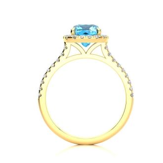 2 Carat Cushion Cut Blue Topaz and Halo Diamond Ring In 14K Yellow Gold