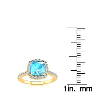 2 Carat Cushion Cut Blue Topaz and Halo Diamond Ring In 14K Yellow Gold