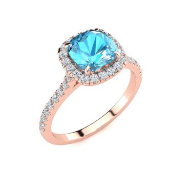 2 Carat Cushion Cut Blue Topaz and Halo Diamond Ring In 14K Rose Gold