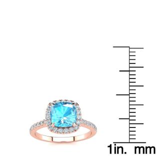 2 Carat Cushion Cut Blue Topaz and Halo Diamond Ring In 14K Rose Gold