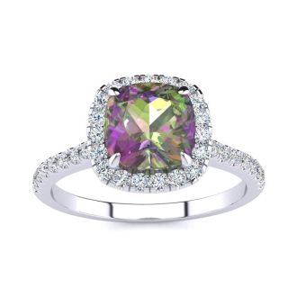 2 Carat Cushion Shape Mystic Topaz Ring With Diamond Halo In 14 Karat White Gold