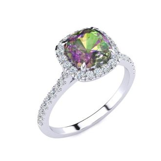 2 Carat Cushion Shape Mystic Topaz Ring With Diamond Halo In 14 Karat White Gold