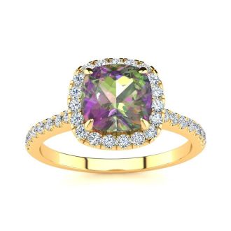 2 Carat Cushion Shape Mystic Topaz Ring With Diamond Halo In 14 Karat Yellow Gold