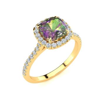 2 Carat Cushion Shape Mystic Topaz Ring With Diamond Halo In 14 Karat Yellow Gold