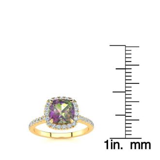 2 Carat Cushion Shape Mystic Topaz Ring With Diamond Halo In 14 Karat Yellow Gold