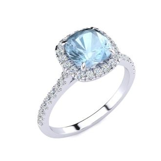 Aquamarine Ring: Aquamarine Jewelry: 2 Carat Cushion Cut Aquamarine and Halo Diamond Ring In 14K White Gold
