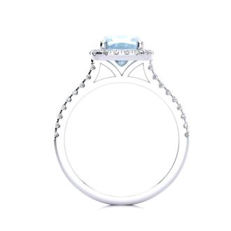 Aquamarine Ring: Aquamarine Jewelry: 2 Carat Cushion Cut Aquamarine and Halo Diamond Ring In 14K White Gold