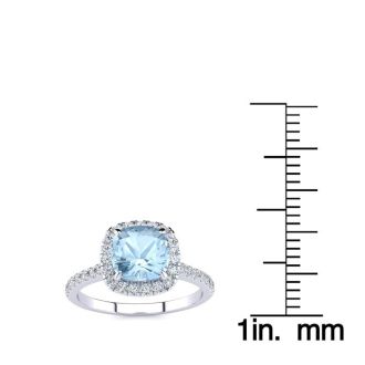 Aquamarine Ring: Aquamarine Jewelry: 2 Carat Cushion Cut Aquamarine and Halo Diamond Ring In 14K White Gold