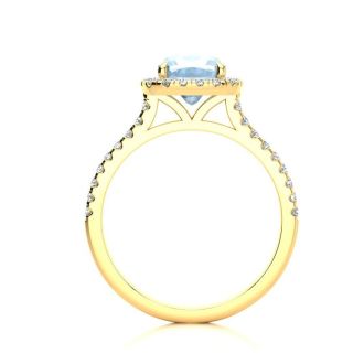 Aquamarine Ring: Aquamarine Jewelry: 2 Carat Cushion Cut Aquamarine and Halo Diamond Ring In 14K Yellow Gold