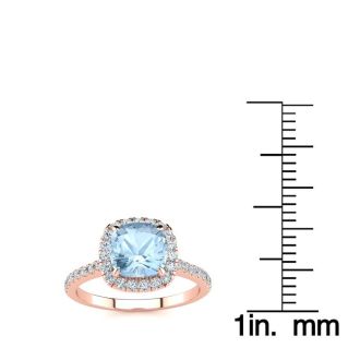 Aquamarine Ring: Aquamarine Jewelry: 2 Carat Cushion Cut Aquamarine and Halo Diamond Ring In 14K Rose Gold
