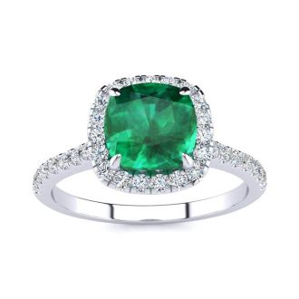 2 Carat Cushion Cut Emerald and Halo Diamond Ring In 14K White Gold