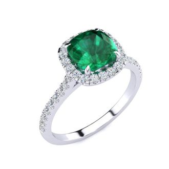 2 Carat Cushion Cut Emerald and Halo Diamond Ring In 14K White Gold