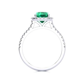 2 Carat Cushion Cut Emerald and Halo Diamond Ring In 14K White Gold