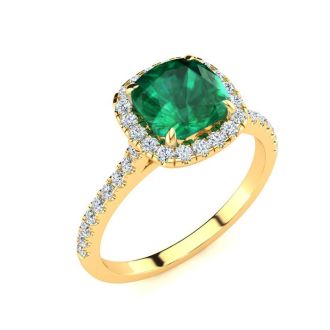 2 Carat Cushion Cut Emerald and Halo Diamond Ring In 14K Yellow Gold