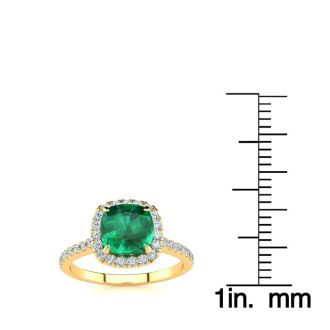 2 Carat Cushion Cut Emerald and Halo Diamond Ring In 14K Yellow Gold