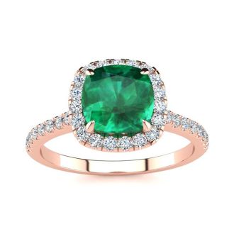 2 Carat Cushion Cut Emerald and Halo Diamond Ring In 14K Rose Gold