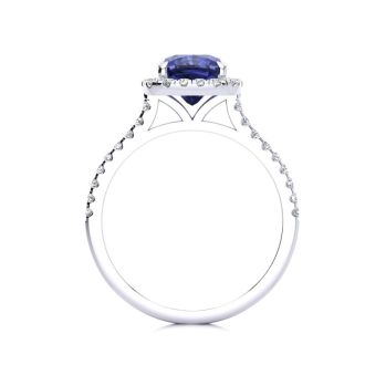 2 Carat Cushion Cut Tanzanite and Halo Diamond Ring In 14K White Gold