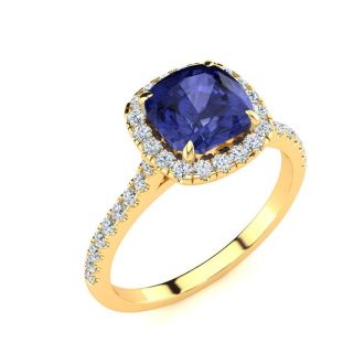 2 Carat Cushion Cut Tanzanite and Halo Diamond Ring In 14K Yellow Gold