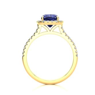 2 Carat Cushion Cut Tanzanite and Halo Diamond Ring In 14K Yellow Gold