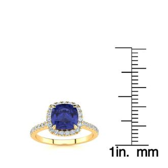 2 Carat Cushion Cut Tanzanite and Halo Diamond Ring In 14K Yellow Gold