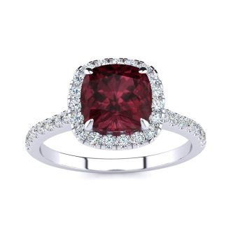 Garnet Ring: Garnet Jewelry: 2 Carat Cushion Cut Garnet and Halo Diamond Ring In 14K White Gold