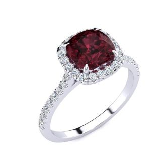 Garnet Ring: Garnet Jewelry: 2 Carat Cushion Cut Garnet and Halo Diamond Ring In 14K White Gold