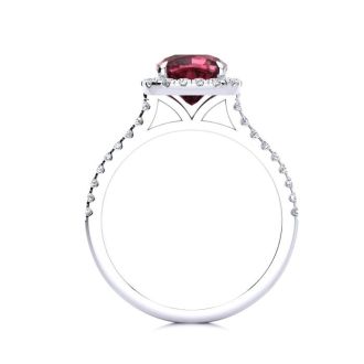 Garnet Ring: Garnet Jewelry: 2 Carat Cushion Cut Garnet and Halo Diamond Ring In 14K White Gold