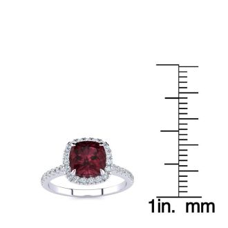 Garnet Ring: Garnet Jewelry: 2 Carat Cushion Cut Garnet and Halo Diamond Ring In 14K White Gold