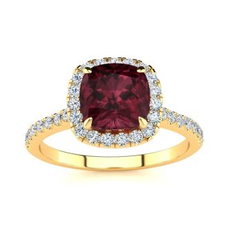 Garnet Ring: Garnet Jewelry: 2 Carat Cushion Cut Garnet and Halo Diamond Ring In 14K Yellow Gold
