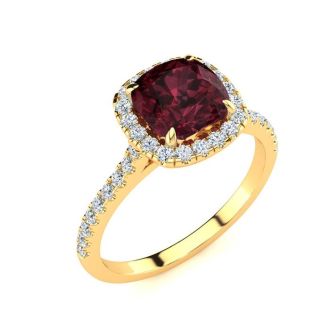 Garnet Ring: Garnet Jewelry: 2 Carat Cushion Cut Garnet and Halo Diamond Ring In 14K Yellow Gold