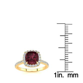 Garnet Ring: Garnet Jewelry: 2 Carat Cushion Cut Garnet and Halo Diamond Ring In 14K Yellow Gold