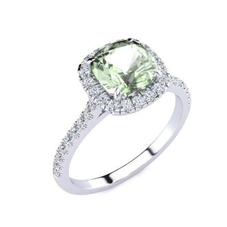 1 3/4 Carat Cushion Cut Green Amethyst and Halo Diamond Ring In 14K White Gold