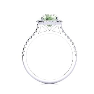 1 3/4 Carat Cushion Cut Green Amethyst and Halo Diamond Ring In 14K White Gold