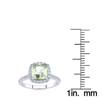 1 3/4 Carat Cushion Cut Green Amethyst and Halo Diamond Ring In 14K White Gold