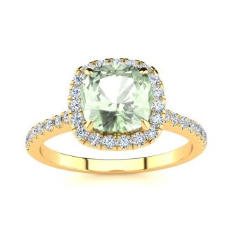 1 3/4 Carat Cushion Cut Green Amethyst and Halo Diamond Ring In 14K Yellow Gold