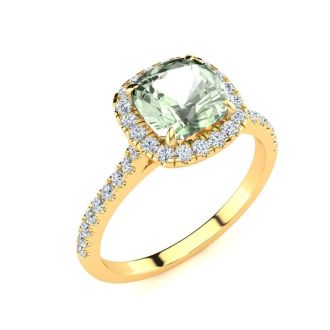 1 3/4 Carat Cushion Cut Green Amethyst and Halo Diamond Ring In 14K Yellow Gold