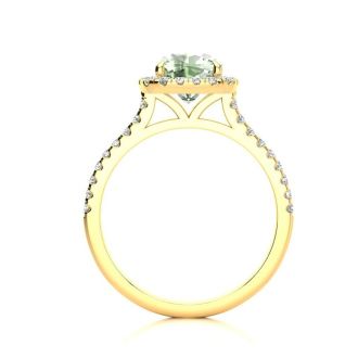 1 3/4 Carat Cushion Cut Green Amethyst and Halo Diamond Ring In 14K Yellow Gold