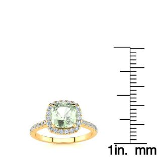 1 3/4 Carat Cushion Cut Green Amethyst and Halo Diamond Ring In 14K Yellow Gold