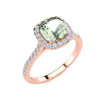 1 3/4 Carat Cushion Cut Green Amethyst and Halo Diamond Ring In 14K Rose Gold