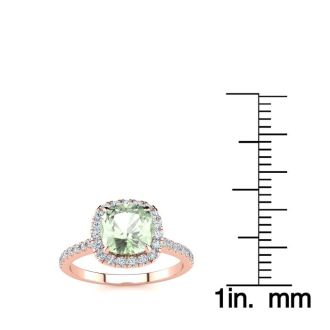 1 3/4 Carat Cushion Cut Green Amethyst and Halo Diamond Ring In 14K Rose Gold