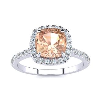 2 Carat Cushion Cut Morganite and Halo Diamond Ring In 14K White Gold