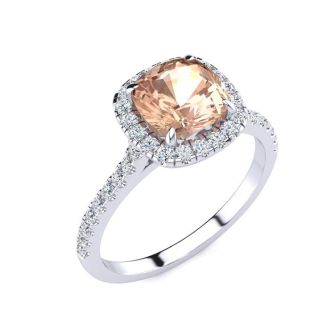 2 Carat Cushion Cut Morganite and Halo Diamond Ring In 14K White Gold