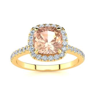 2 Carat Cushion Cut Morganite and Halo Diamond Ring In 14K Yellow Gold
