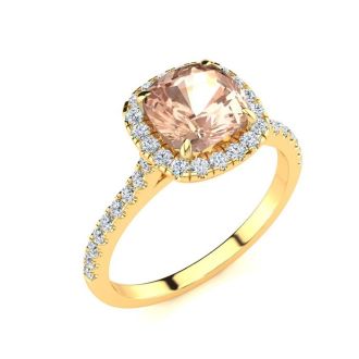 2 Carat Cushion Cut Morganite and Halo Diamond Ring In 14K Yellow Gold
