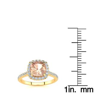 2 Carat Cushion Cut Morganite and Halo Diamond Ring In 14K Yellow Gold