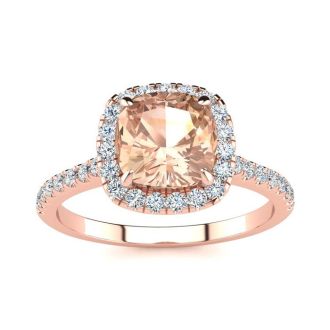 2 Carat Cushion Cut Morganite and Halo Diamond Ring In 14K Rose Gold