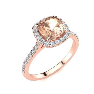 2 Carat Cushion Cut Morganite and Halo Diamond Ring In 14K Rose Gold
