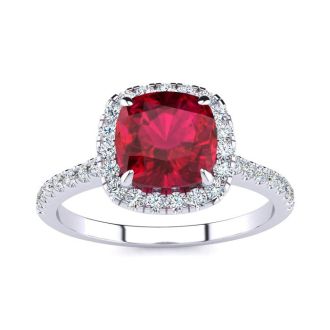 2 Carat Cushion Cut Ruby and Halo Diamond Ring In 14K White Gold