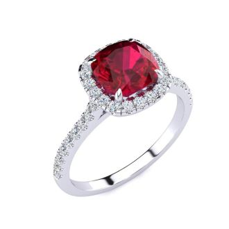 2 Carat Cushion Cut Ruby and Halo Diamond Ring In 14K White Gold