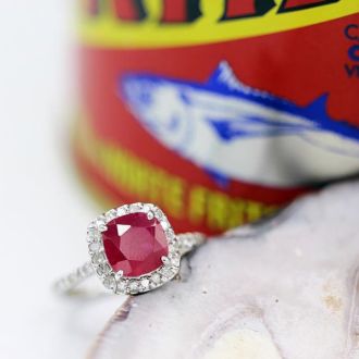 2 Carat Cushion Cut Ruby and Halo Diamond Ring In 14K White Gold